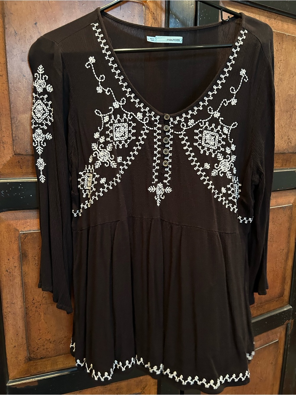Maurices Black Long-Sleeve Embroidered V-Neck Tunic